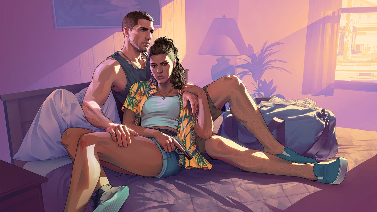 Logótipo oficial de GTA 6, Grand Theft Auto VI, da Rockstar Games, com o gradiente rosa e laranja ao estilo Vice City