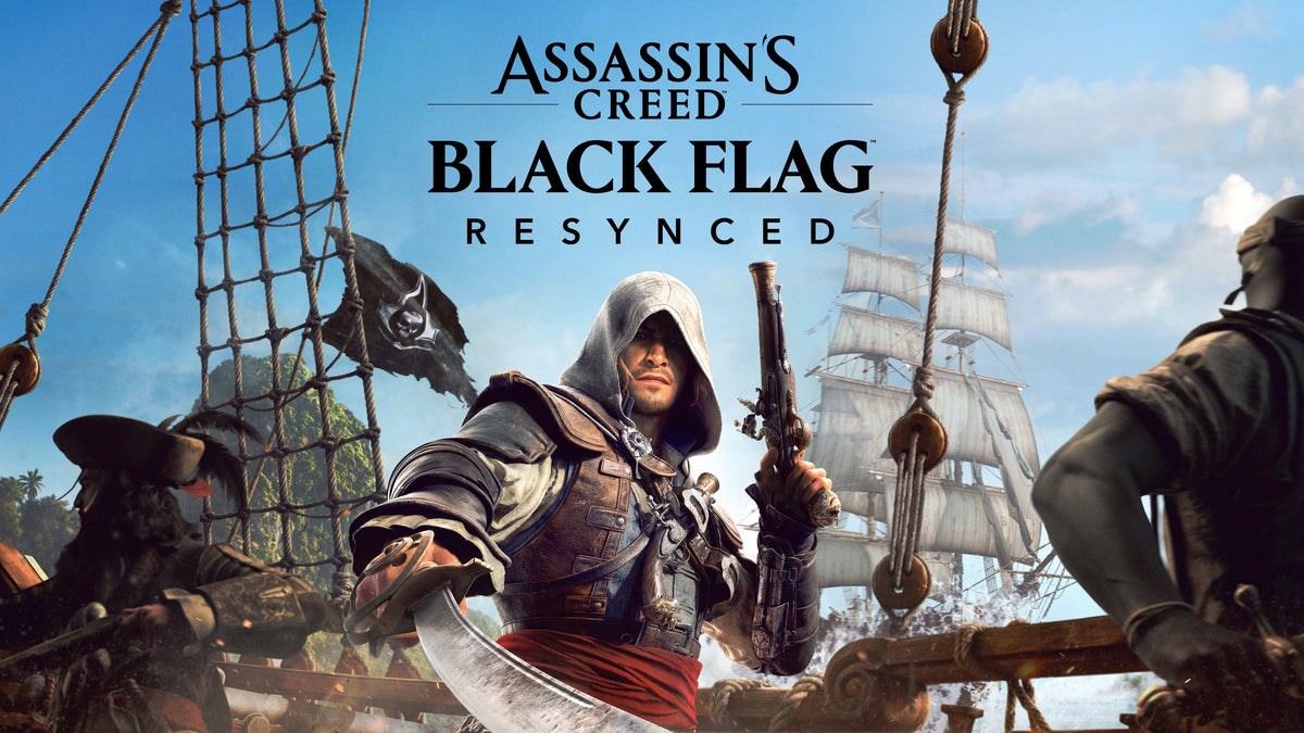 Key art oficial de Assassin's Creed Black Flag Resynced, com Edward Kenway e o navio pirata
