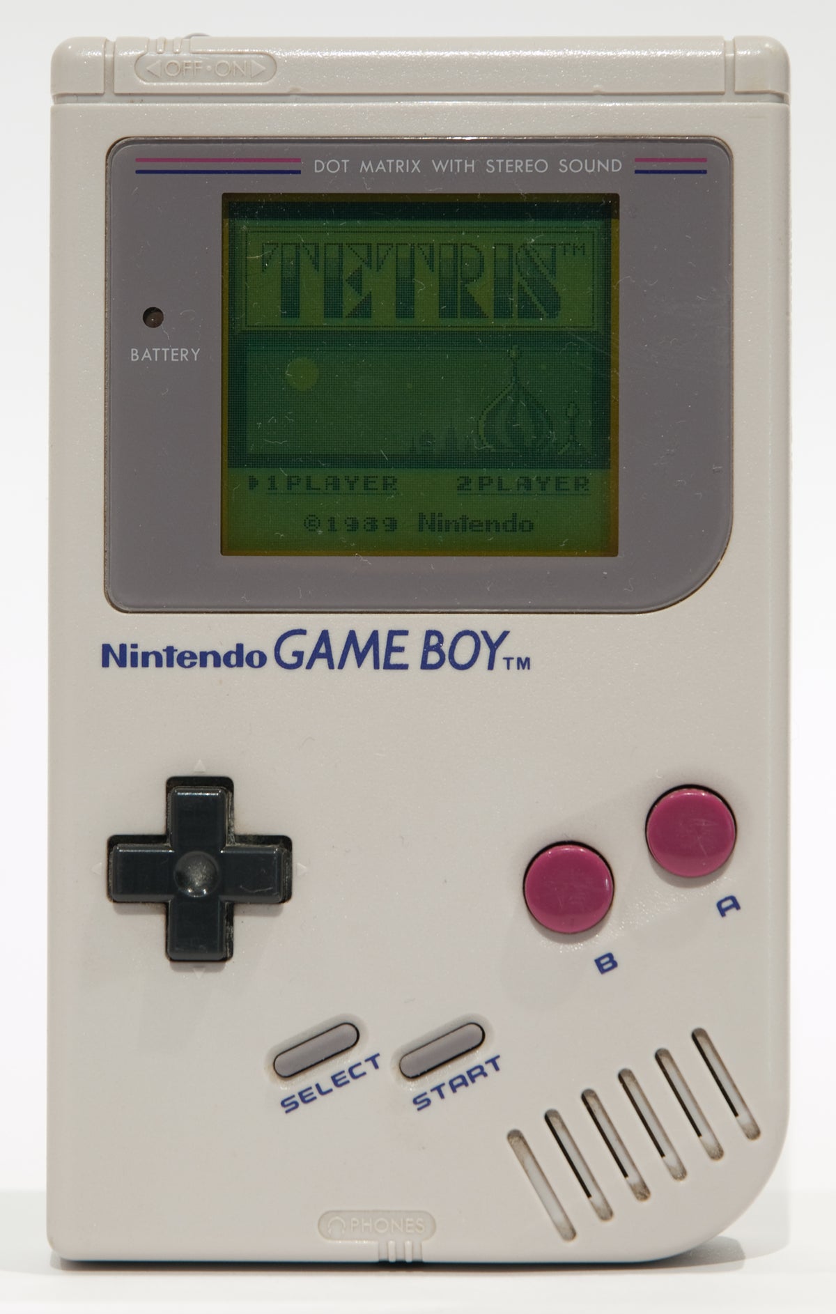 Game Boy original a mostrar o jogo Tetris, um dos jogos mais vendidos de sempre